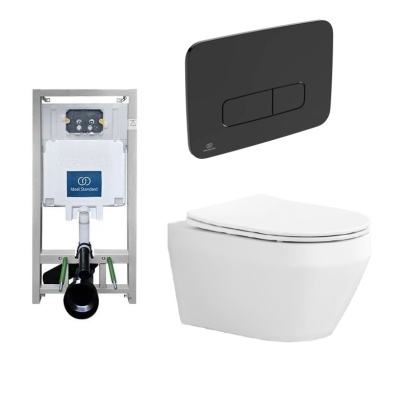Инсталляция Ideal Standard ProSys Eco Frame 2.0 RU и Унитаз Azario Grado 490 смыв "Торнадо", безободковый (AZ-0046-UQ3), клавиша черная