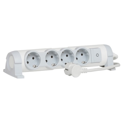 Legrand Комфорт Бело-серый Удлинитель 4x2К+З с выкл., кабель 1,5м, фиксир. поворотный блок, возможно крепление к стене
