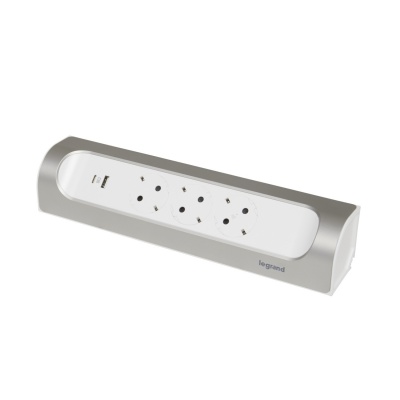 Legrand Revolution Комфорт Бело-алюминиевый Удлинитель угловой 3x2К+З с 2xUSB A+C (3А), без кабеля, плоские розетки